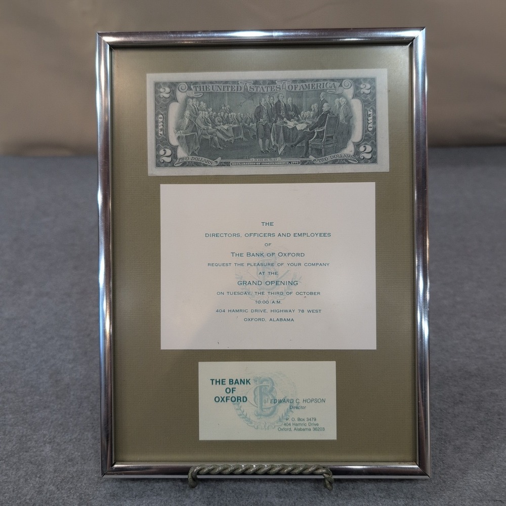 Framed Bank of Oxford (Alabama) Grand Opening Invitation with US Two Dollar Bill - Picture 1 of 5